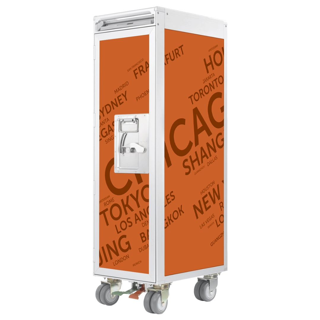 Airline-Trolley mit weißem Rahmen, orangen Paneelen und Städtenamen, silberner Verschluss, vier Rollen