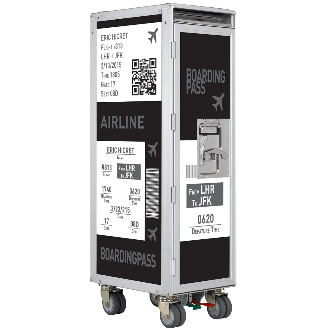 Moderner Aluminiumschrank auf Rollen im Boarding-Pass-Design mit Flugdetails