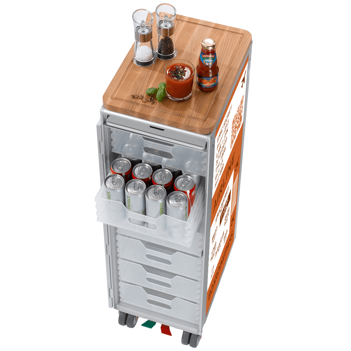 Grauer Aufbewahrungstrolley mit Holzbrett, Tomatensauce, Gewürzmühlen und Energydosen im Fach