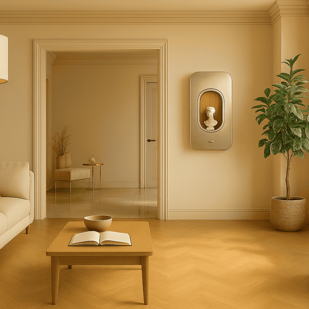 Beiger Wohnraum mit hölzernem Couchtisch, Buch, Schale, Sofa, Pflanze und klassischem Büstenrelief in Nische