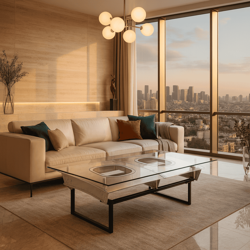 Beiges Ledersofa mit bunten Kissen vor holzvertäfelter Wand in stilvollem Wohnzimmer