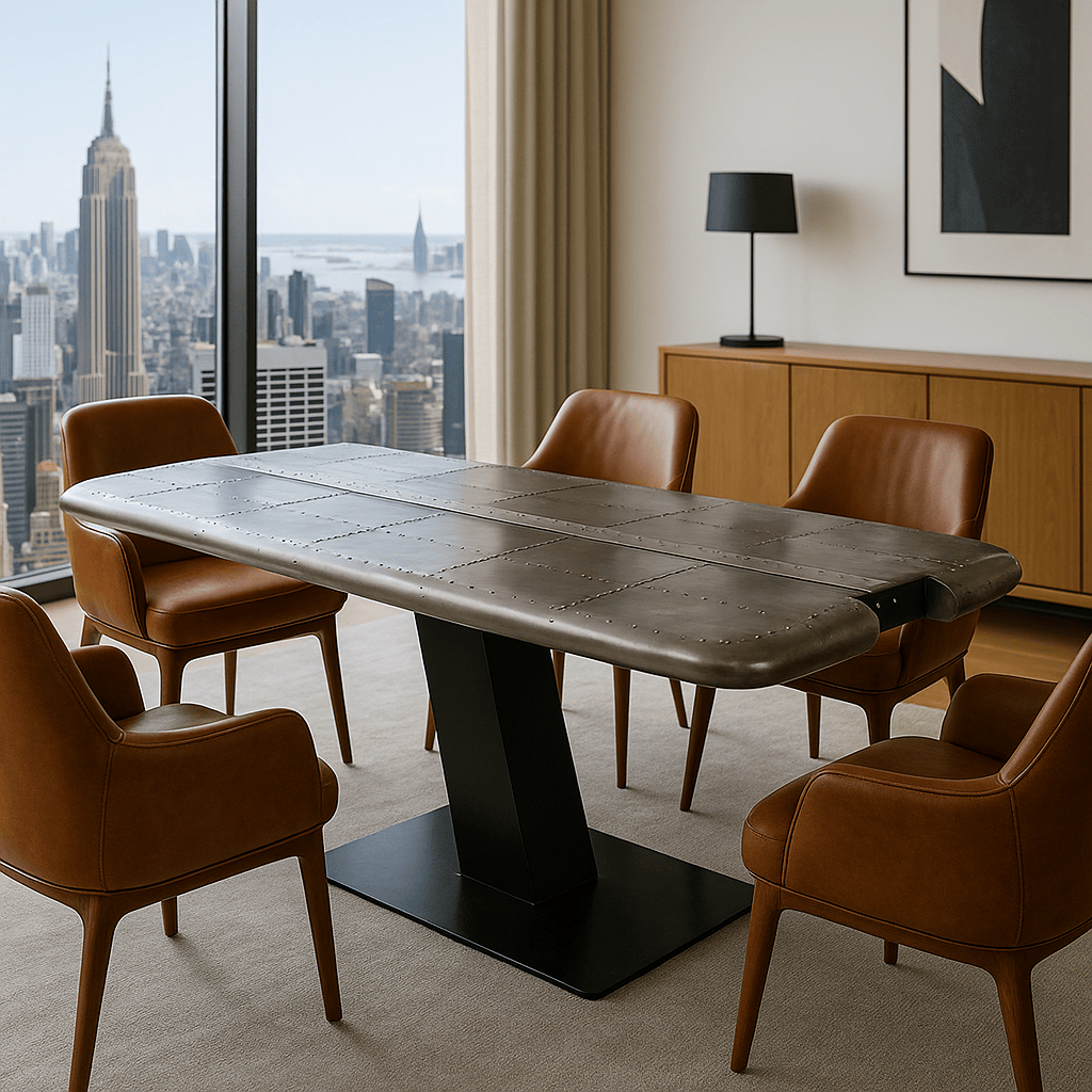 Eleganter Besprechungsraum mit großem Tisch aus Metall, fünf braunen Lederstühlen, Fensterblick auf die Skyline und das Empire State Building.