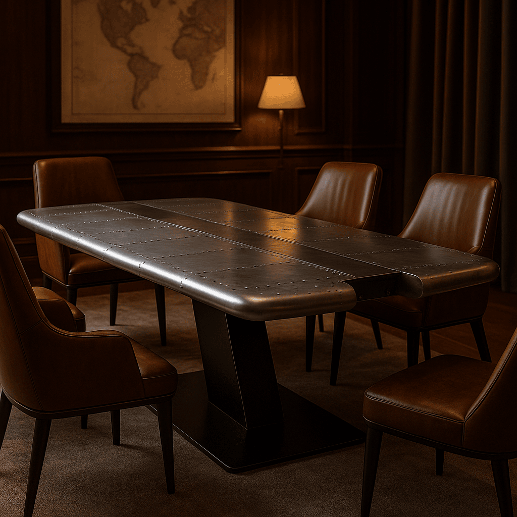 Eleganter Besprechungsraum mit rechteckigem Tisch aus Metall, braunen Ledersesseln, Holzvertäfelung und Weltkarte.