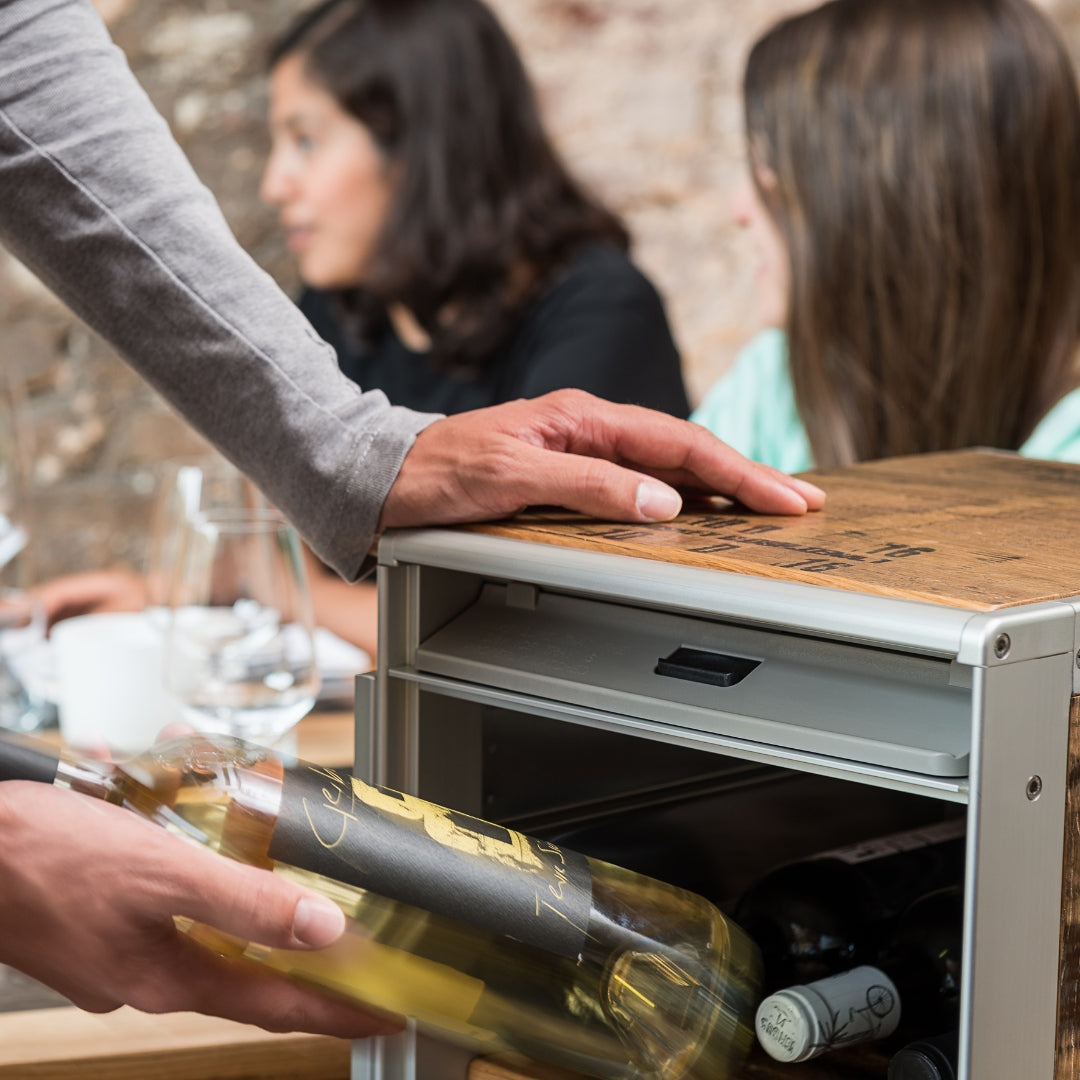 Person holt eine Flasche Ceja Tabor Weißwein aus einem metallischen Weinkühler in entspannter Atmosphäre.