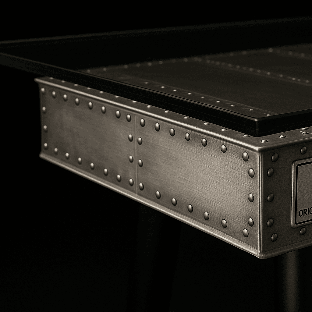 Eckiger Metalltisch mit genieteter Oberfläche und schwarzer, glänzender Tischplatte im industriellen Design