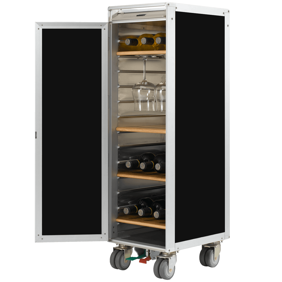 Moderner Edelstahl-Weinschrank mit schwarzer Front und Holzregalen, zwei hängende Weingläser auf Rollen.