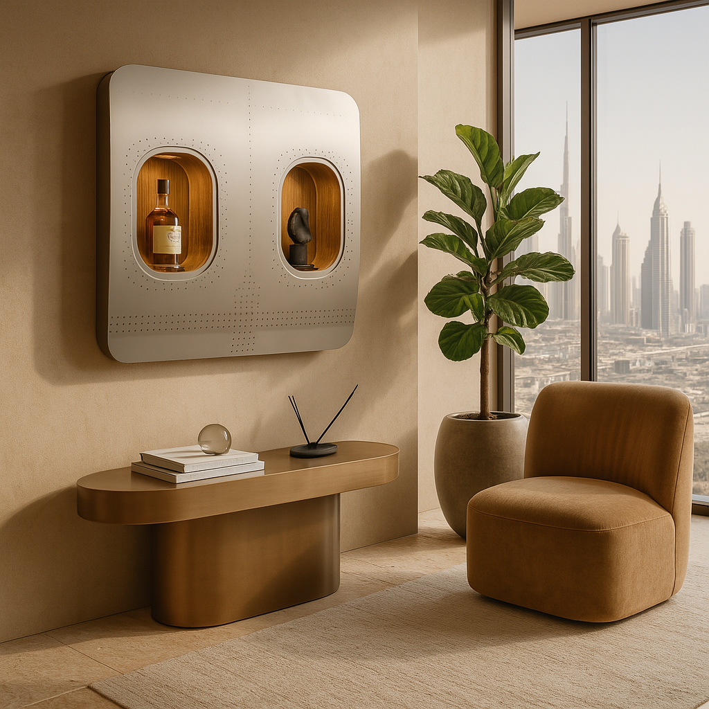 Elegantes Interieur mit wandmontiertem Display im Stil eines Flugzeugfensters und Glenfiddich Whiskey.