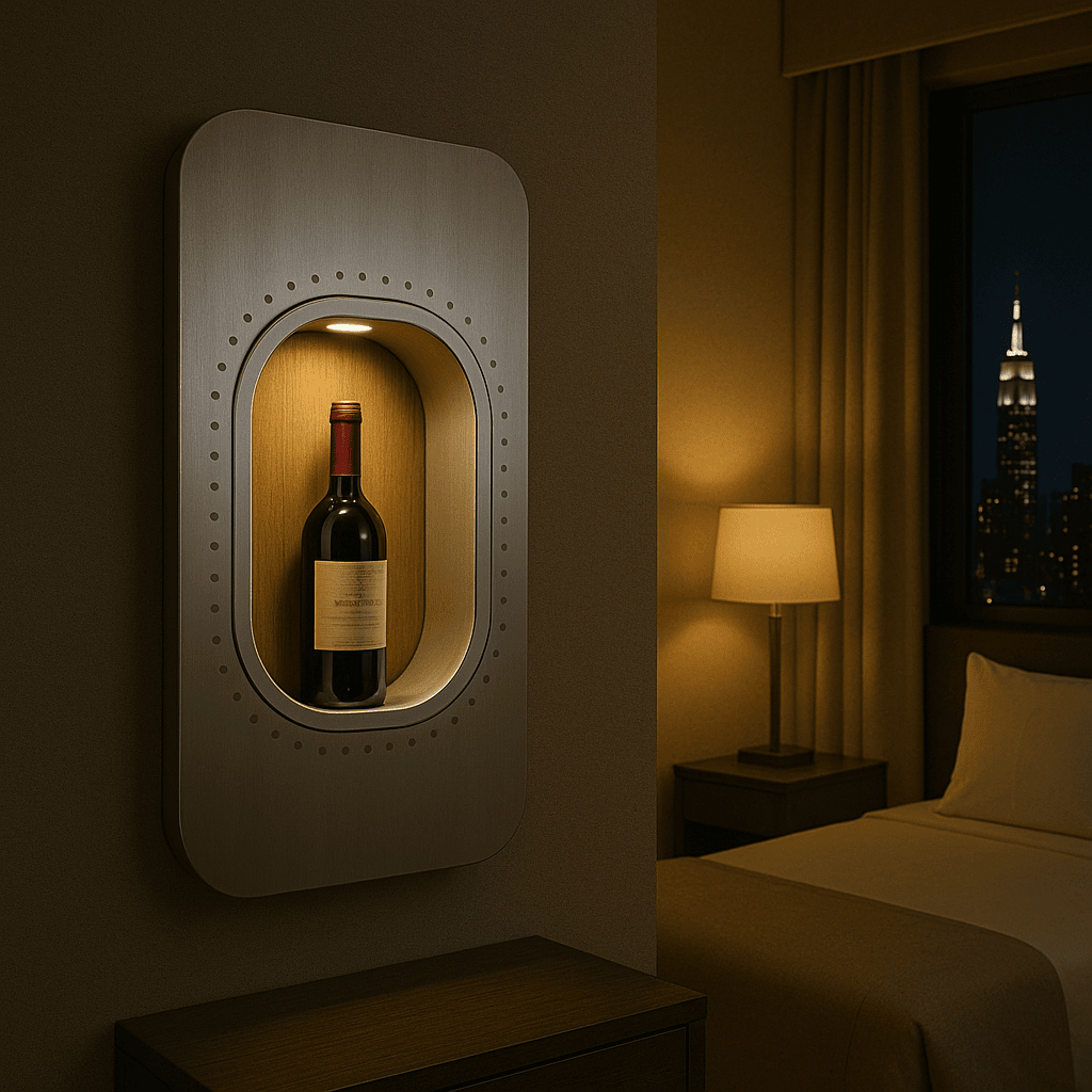 Elegantes Schlafzimmer mit beleuchteter ovaler Wandnische, die eine Weinflasche mit Label WINERY 1876 präsentiert.