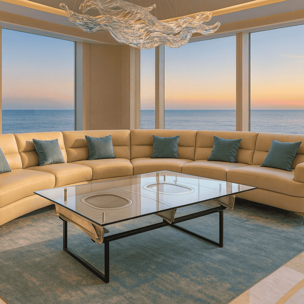 Elegantes Wohnzimmer mit beiger Ledercouch, blaugrauen Kissen, Glastisch und Meeresblick bei Sonnenuntergang.