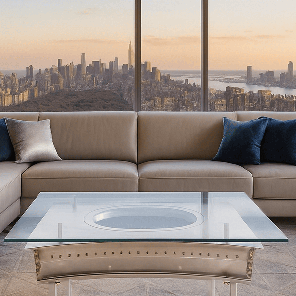 Elegantes Wohnzimmer mit beigem L-förmigem Sofa, silbernen und blauen Kissen, Glastisch und Stadtblick.