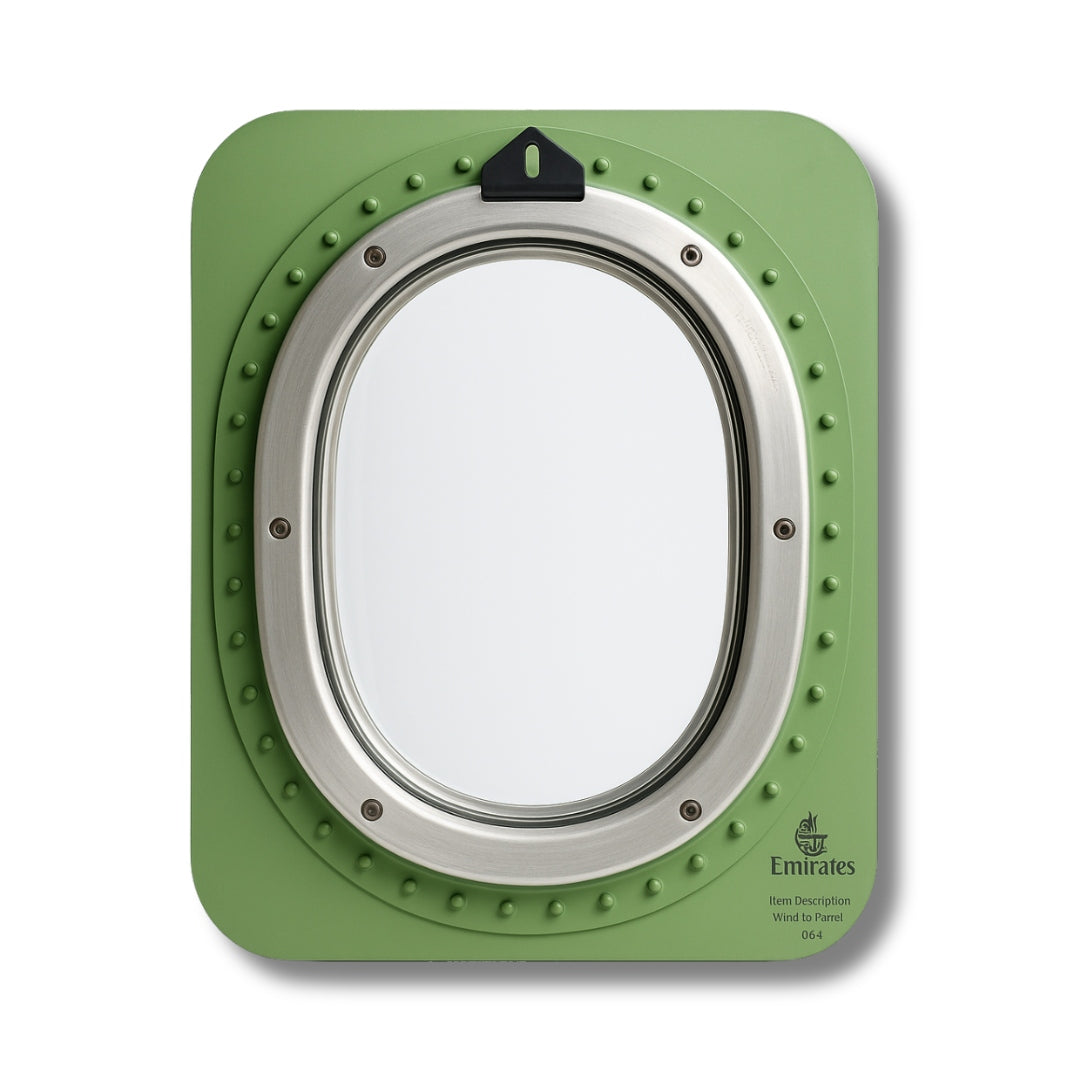 Ovaler Emirates-Flugzeugfensterrahmen mit metallischem Innenring und Schrauben auf grünem genieteten Panel mit schwarzem Montagehaken