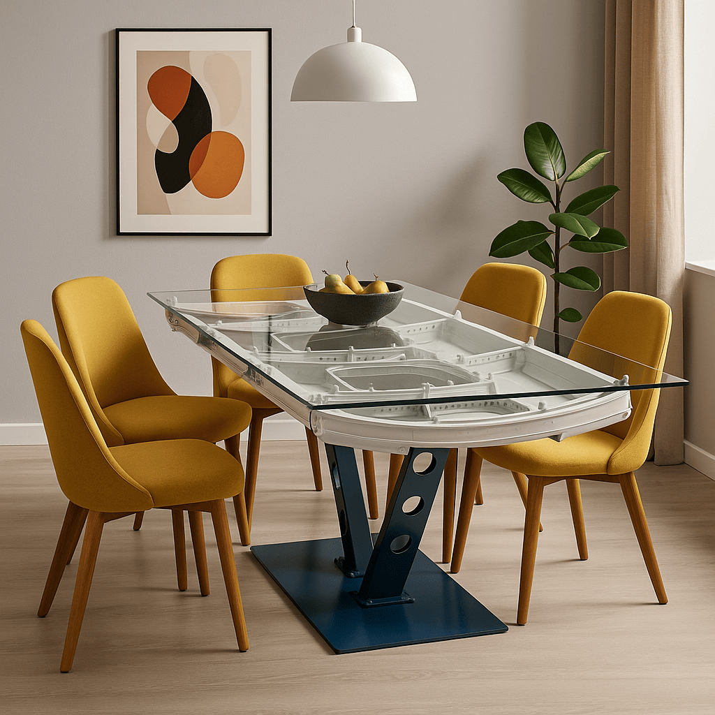 Moderner Essbereich mit Glastisch und senfgelben Stühlen in urbanem Ambiente.