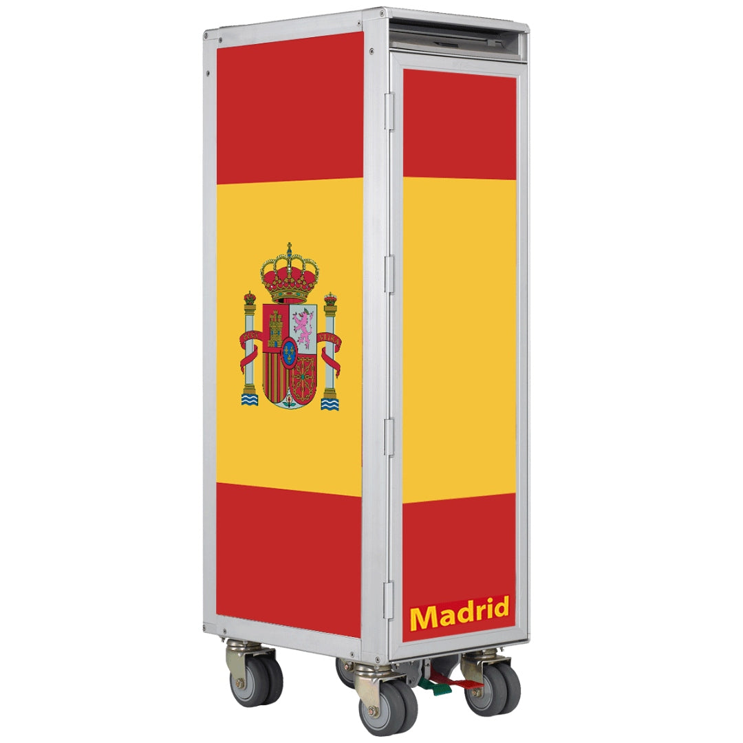 Robuster Flugtrolley mit spanischer Flagge und Wappen, Schriftzug "Madrid" in Rot und Gelb.