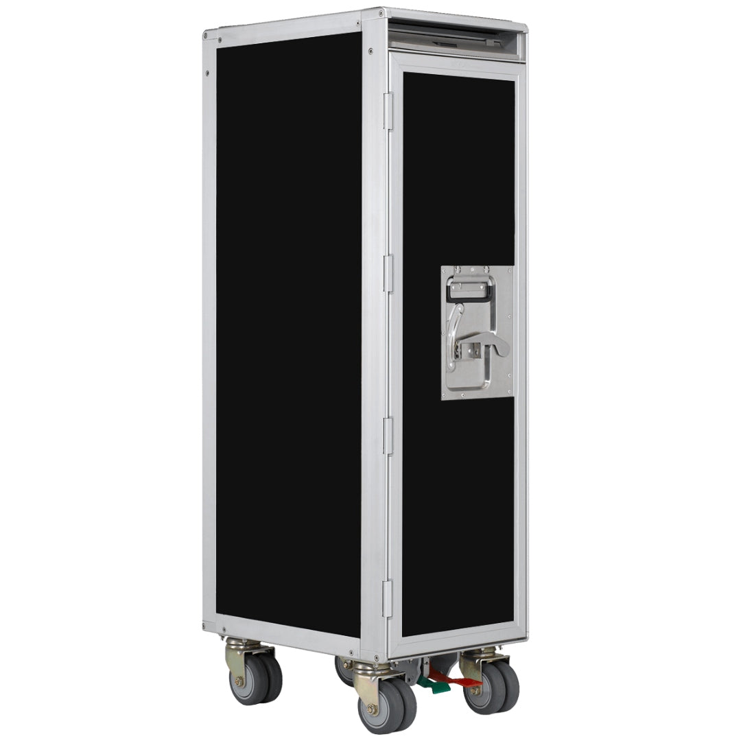 Hochwertiger Flugzeug-Equipmenttrolley mit schwarzen Paneelen und silbernem Rahmen, auf Lenkrollen mit Fußpedalen.