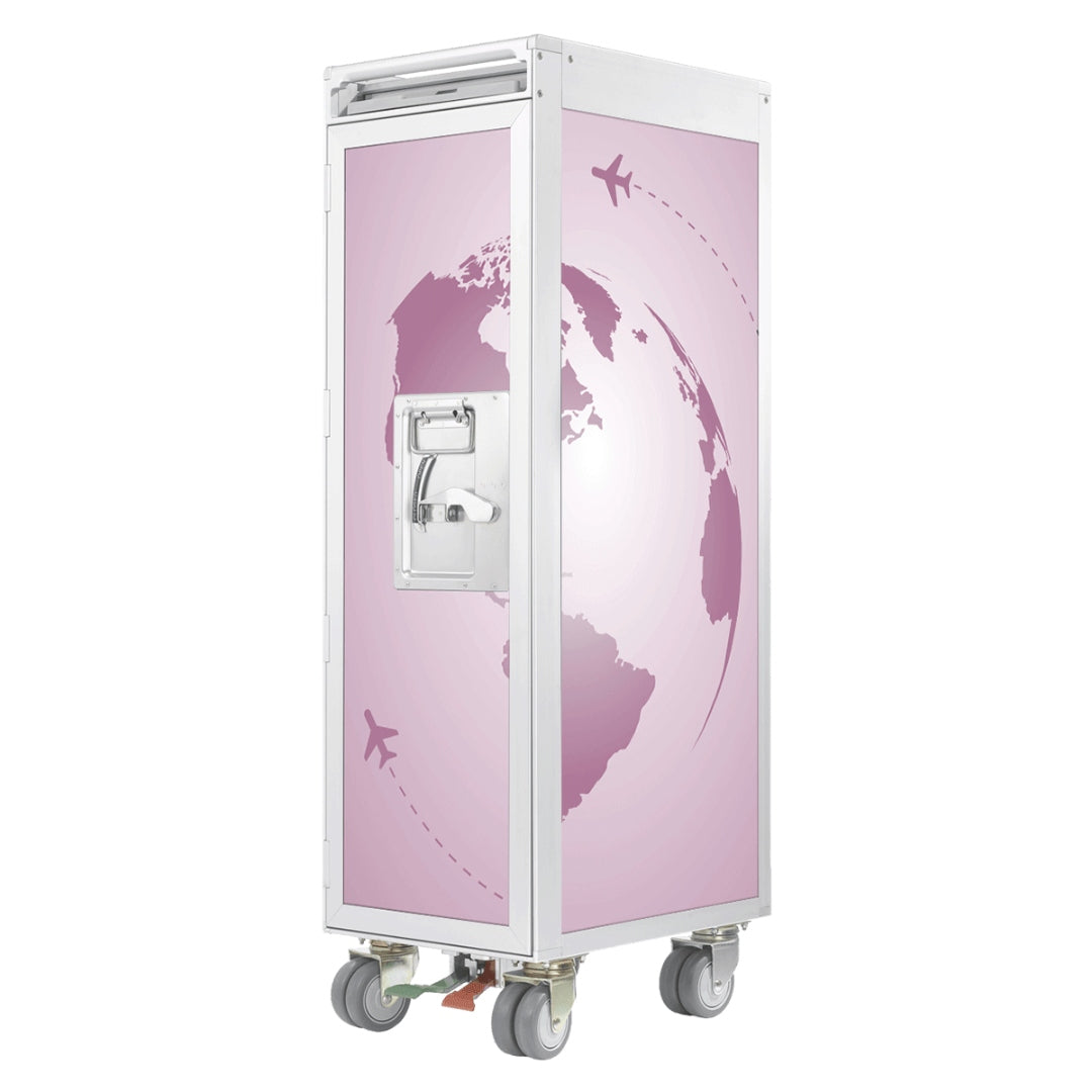 Flugzeug-Servicewagen auf Rollen mit lila Weltkarten-Design und Flugzeugsymbolen