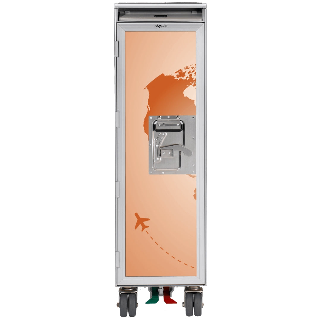 Flugzeugservice-Trolley mit orangefarbener Tür, stilisierter Weltkarte und Flugzeugicon auf Rollen