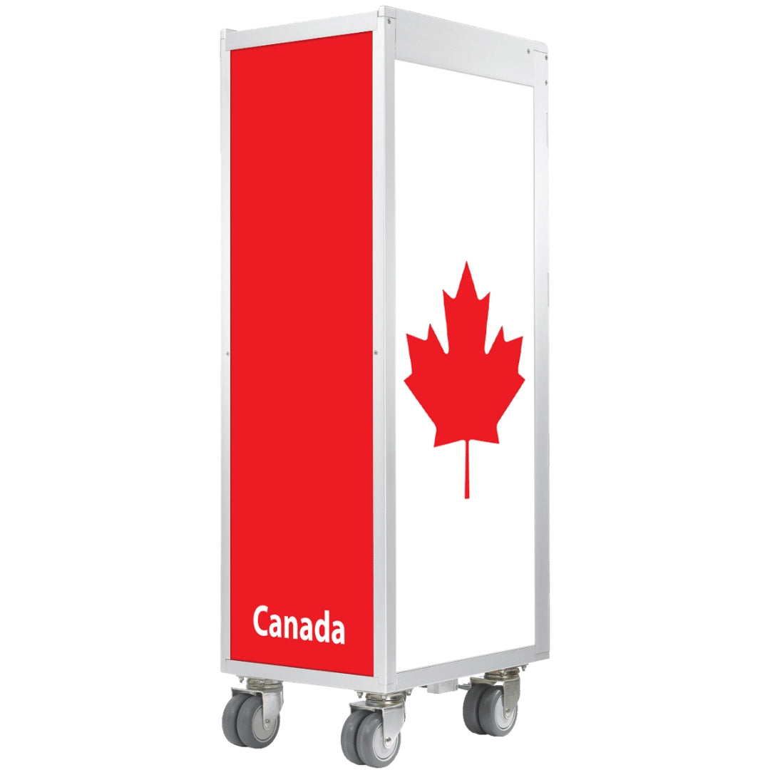 Moderner weißer Flugzeugtrolley mit rotem Ahornblatt-Design, symbolisiert kanadische Handwerkskunst.