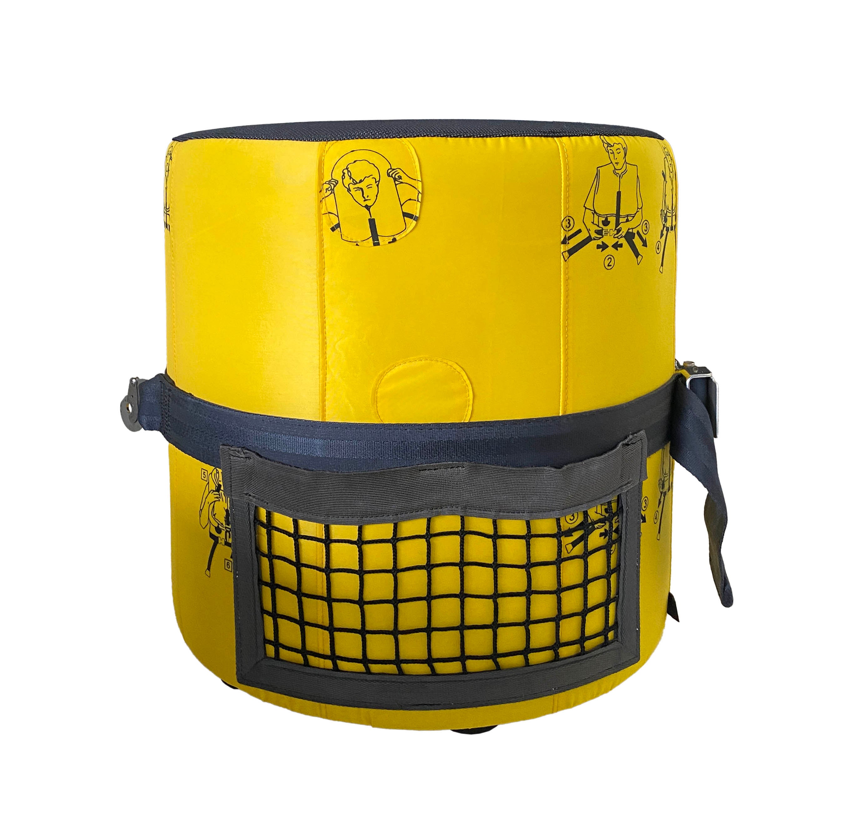 Gelber zylindrischer Ausrüstungsgegenstand mit schwarzen Gurten und Netzfaltentasche