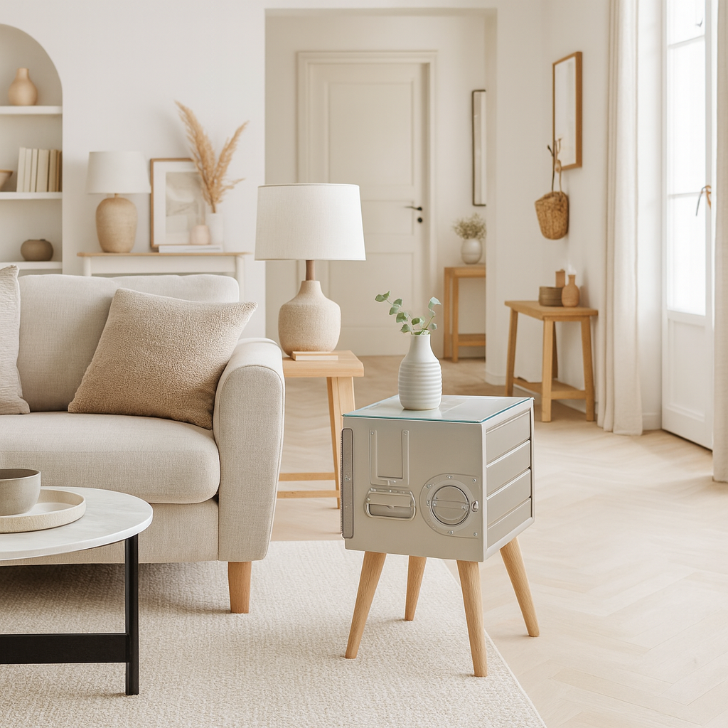 Gemütliches, modernes Wohnzimmer mit beigem Sofa, Holzmöbeln, weißen Wänden und grünen Eukalyptuszweigen.