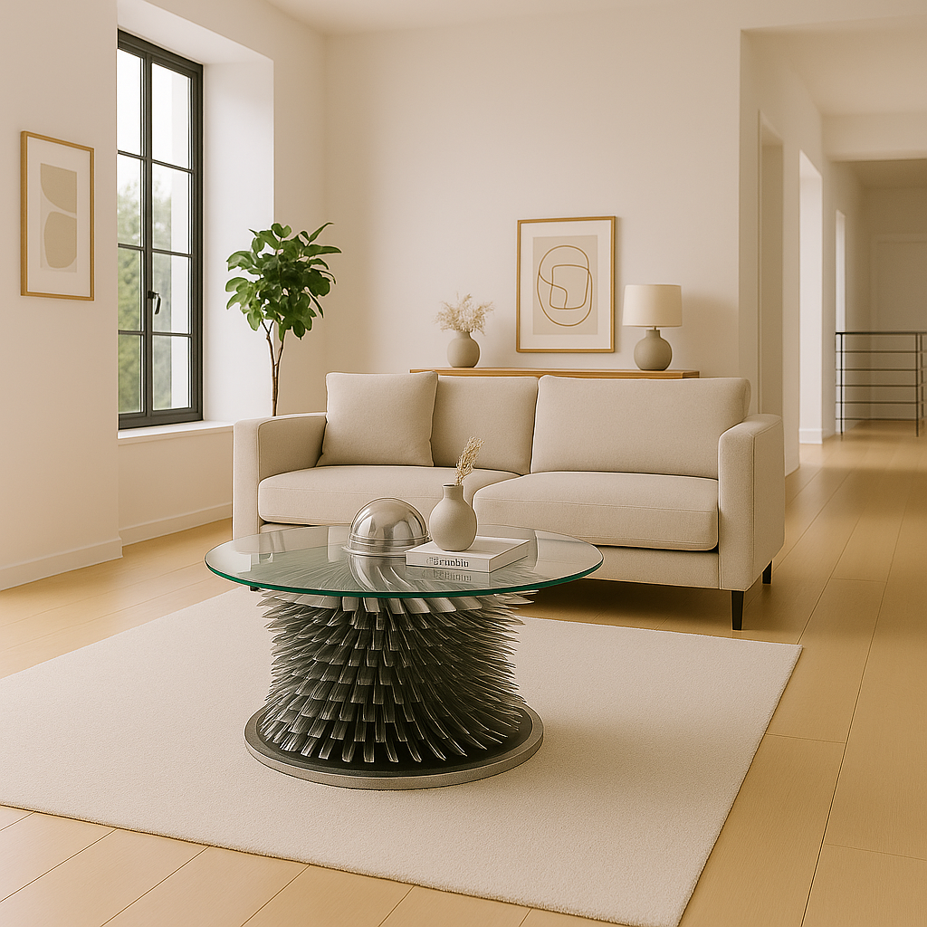 Helles Wohnzimmer mit modernem Glastisch, schwarzem Sockel, beigem Sofa, Sideboard, Pflanze und großem Fenster.