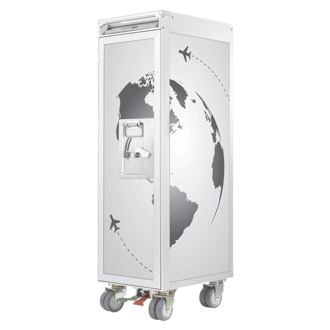 Hochwertiger Airline-Trolley aus Metall mit schwarz-weißer Weltkarte und Flugwegen, auf vier Rollen.