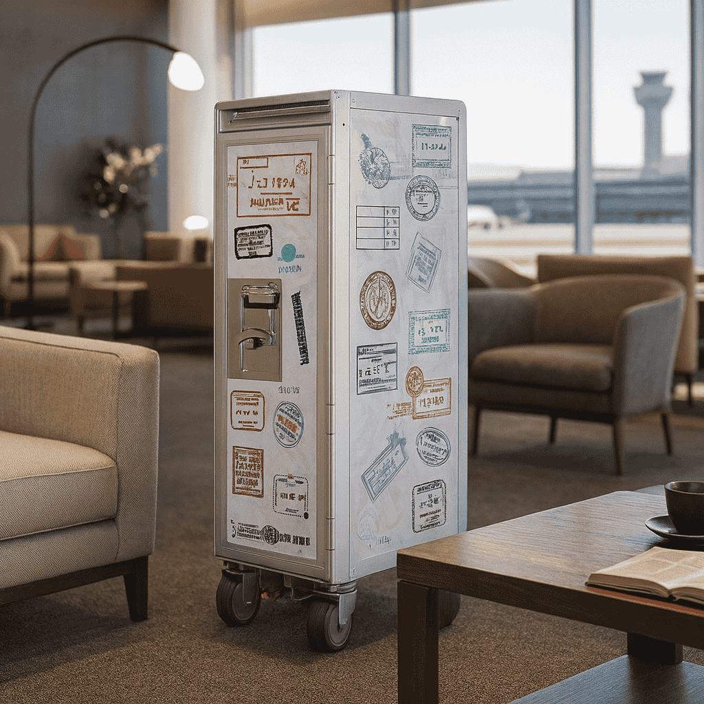 Hochwertiger metallischer Airline-Trolley mit Reisesiegeln in einer modernen Lounge mit Blick auf den Flughafenkontrollturm.