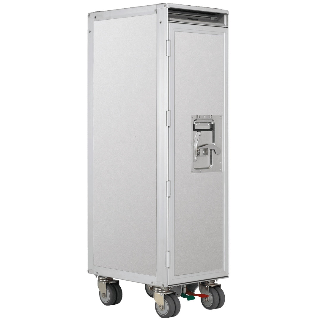 Hochwertiger Premium-Metalltrolley mit geschlossenem Türverschluss und feststellbaren Rollen in Hellgrau.