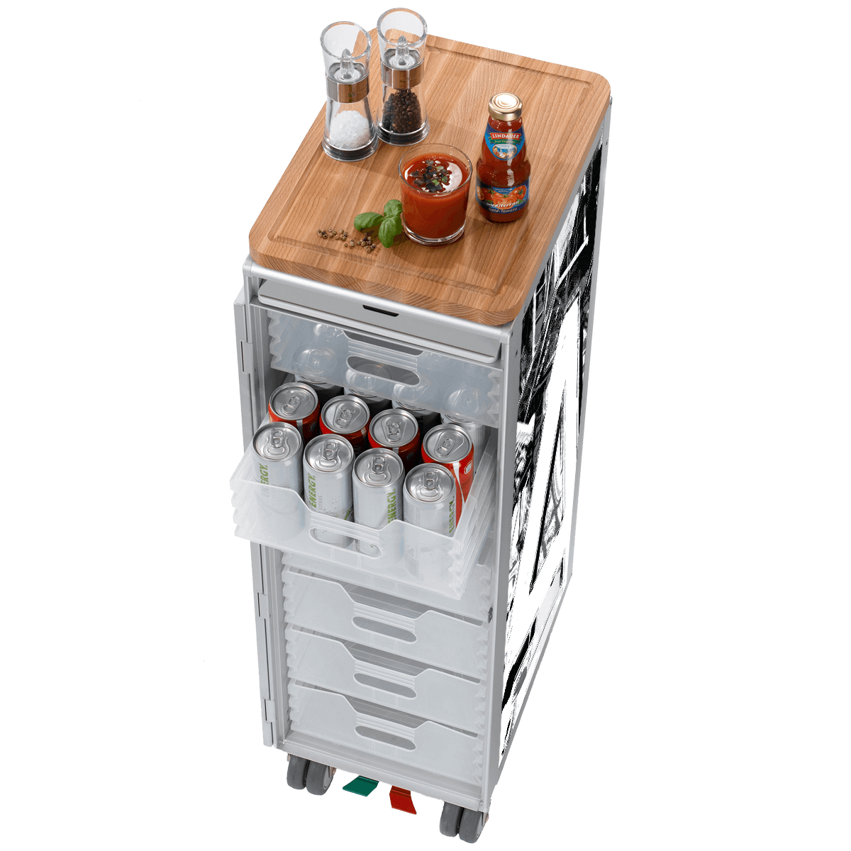 Moderner hoher Aufbewahrungsschrank mit transparenten Schubladen, oben Küchenutensilien und offene Schublade mit Energydosen.