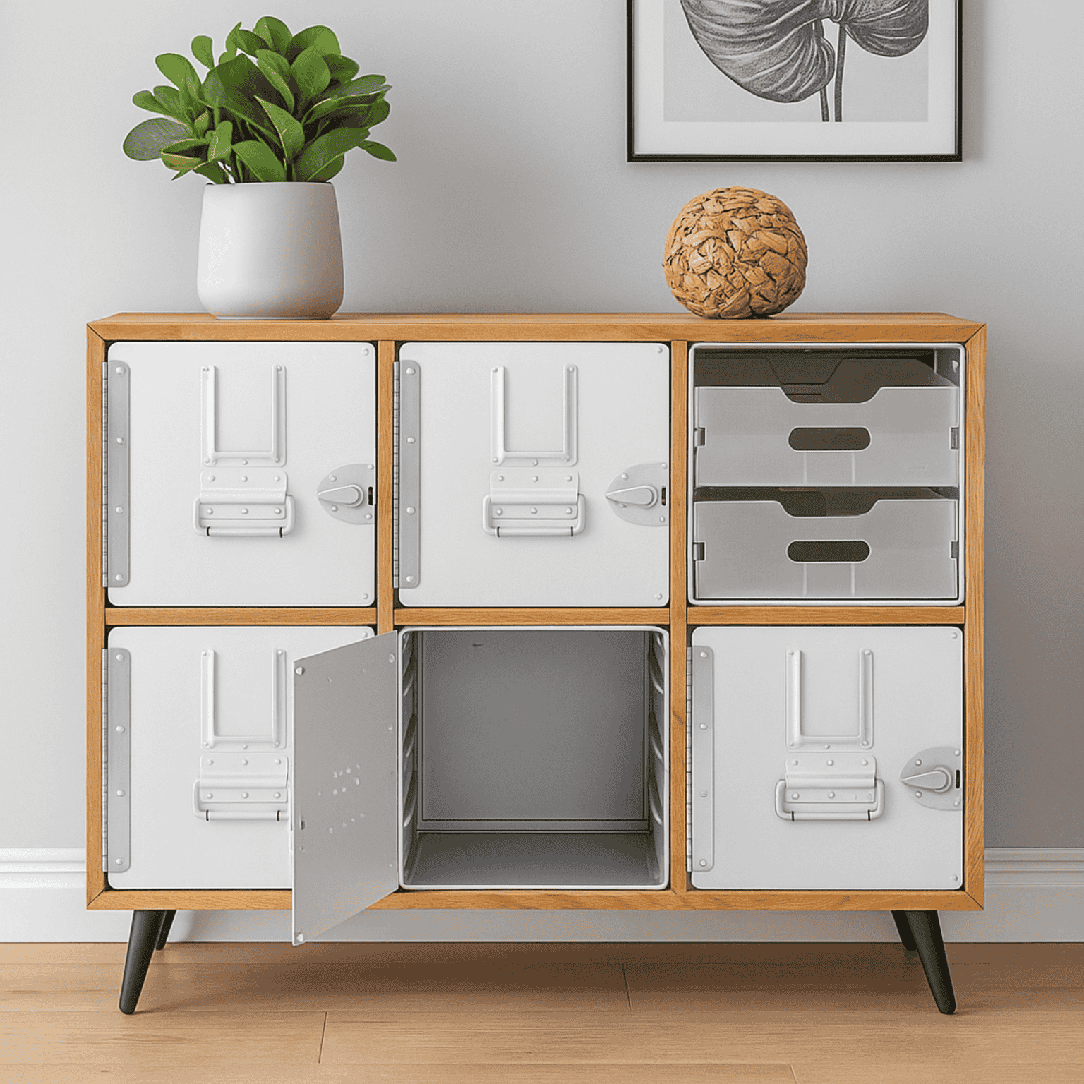 Moderner Holzschrank mit weißen Metallbriefkasten-Türen, dekoriert mit grünem Blatt in Keramiktopf.