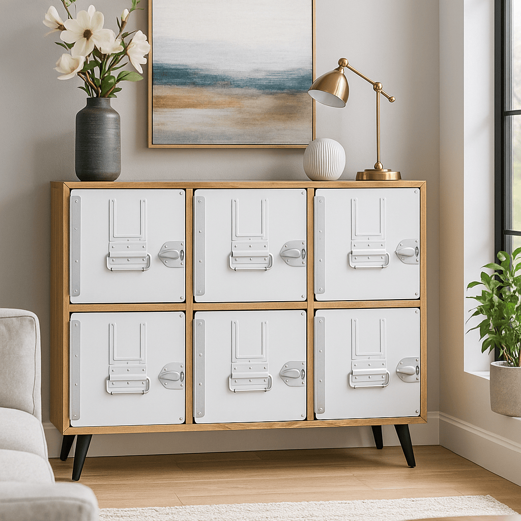 Holzsideboard mit sechs weißen Schlüsseltüren, Vase und Lampe, im modernen Wohnzimmer mit Pflanze und Gemälde.