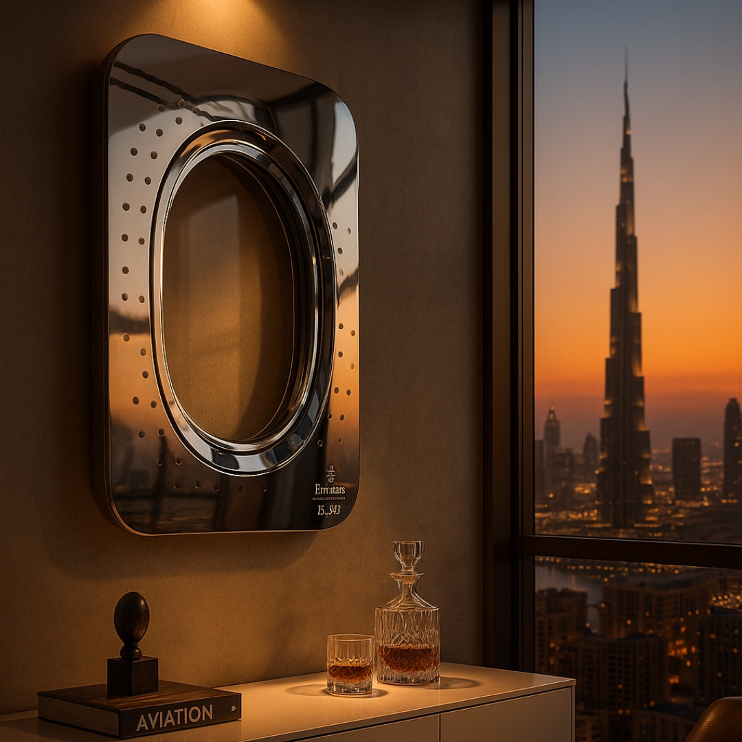 Innenraum mit Flugzeugfenster-Wanddekoration, weißem Schrank, Whisky, Buch AVIATION, Dubai Skyline bei Sonnenuntergang