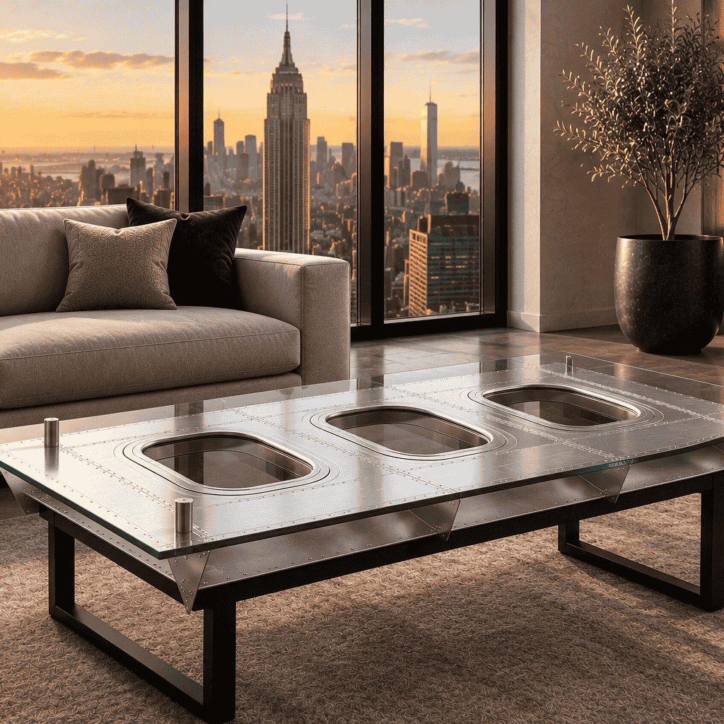 Skypak JFK TRIO aviation coffee table with three aircraft windows and glass top in an elegant penthouse at sunset