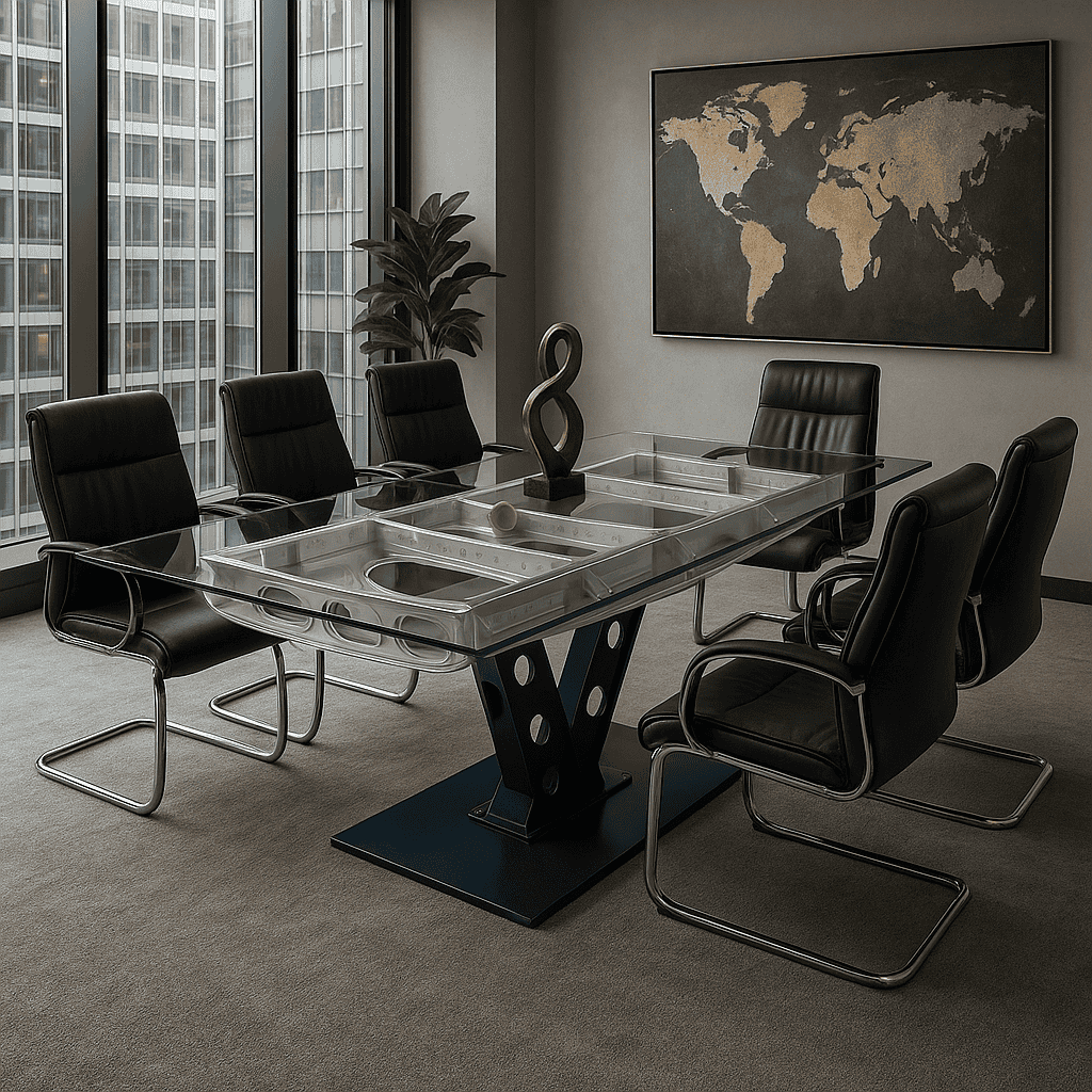 Eleganter Konferenzraum mit modernem Glastisch und Metallfuß, umgeben von schwarzen Lederstühlen.