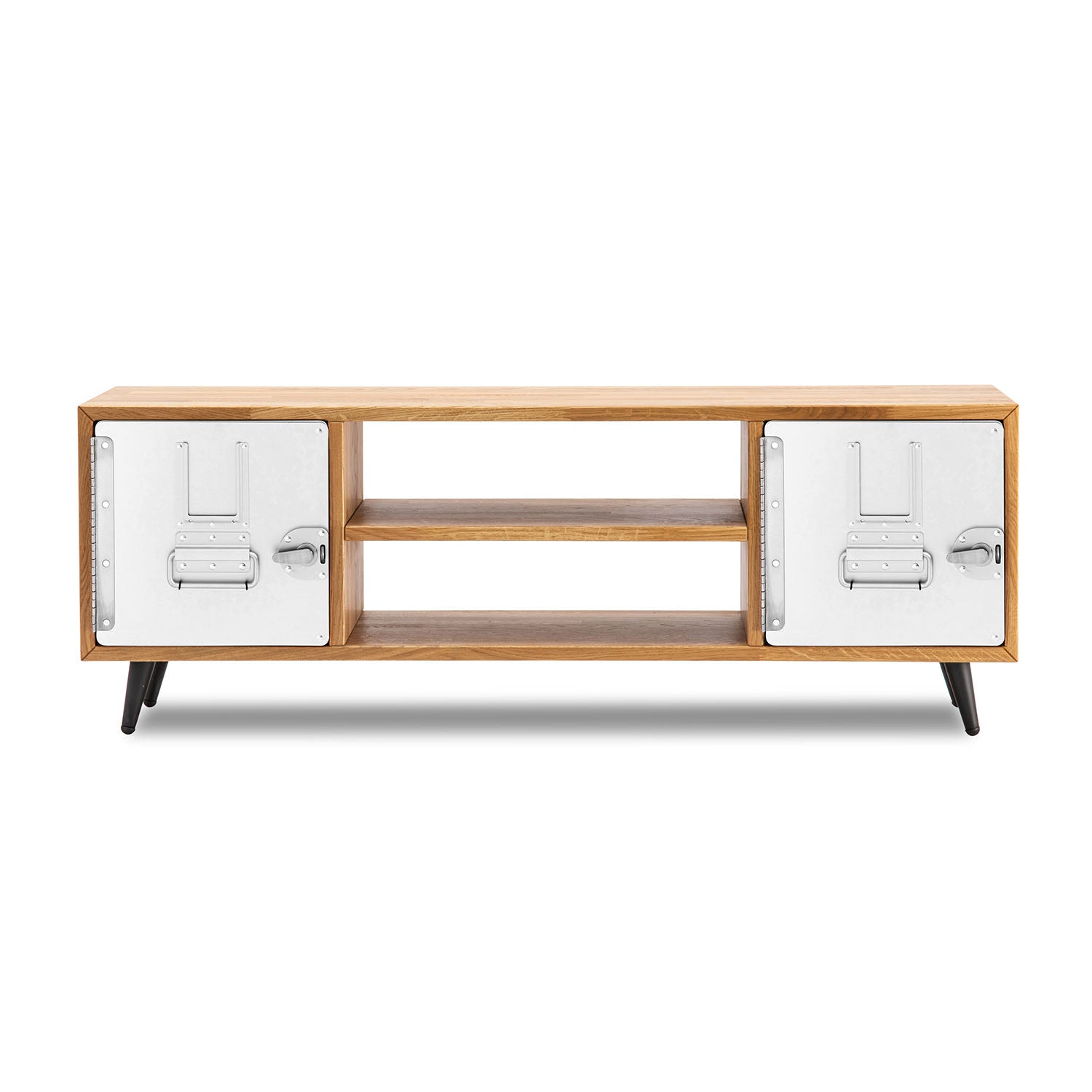 Moderner Medienkonsole aus Holz mit rechteckigem Rahmen, metallischen Türen, offenen Regalen und konischen Beinen