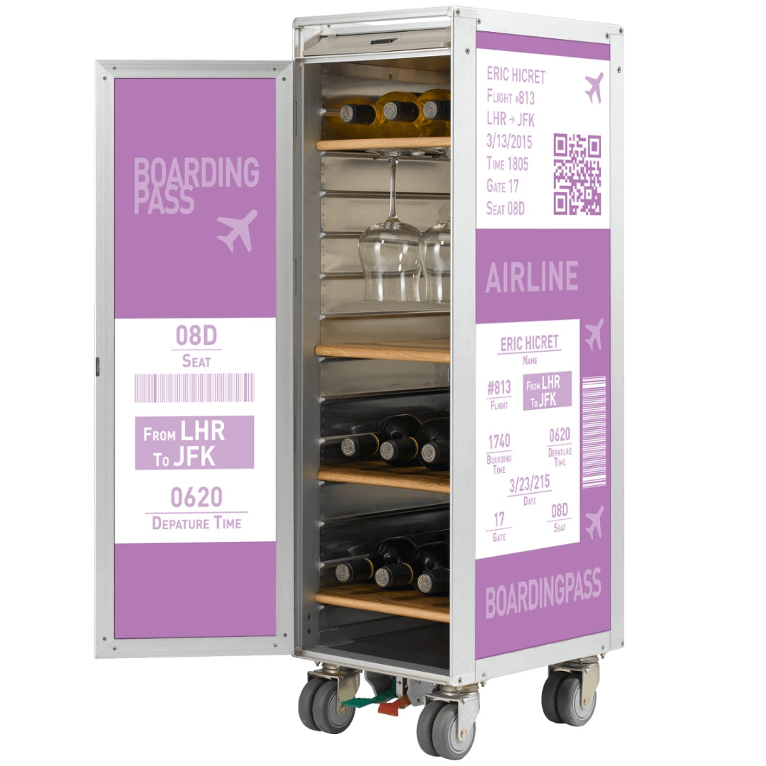 Lila-weißer Metall-Getränketrolley mit Weinflaschen und Gläsern, handgefertigt von Skypak.