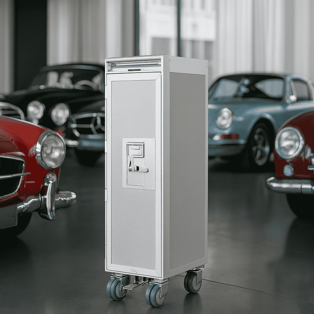 Silberner Metall-Utility-Trolley auf blauen Rollen vor klassischen Autos in hellem Raum mit großen Fenstern.