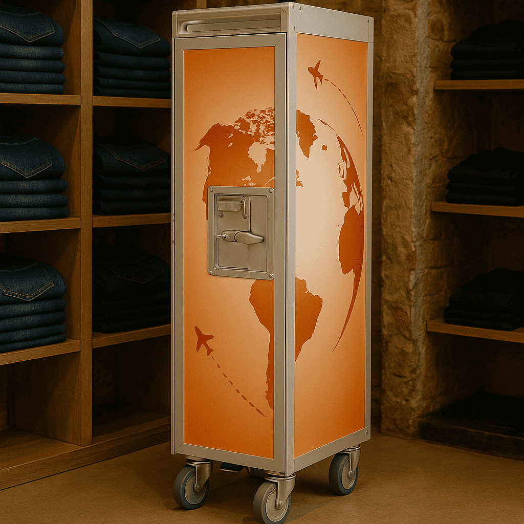 Metallgestell mit orangefarbenem Globus und Flugzeugmotiven neben Holzregalen mit gefalteten Jeans vor Steinwand.