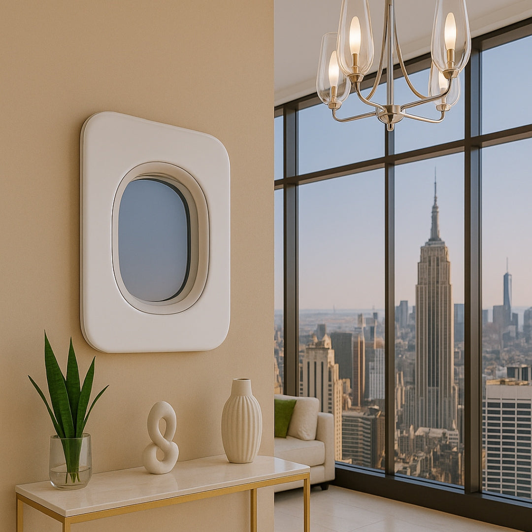 Minimalistische Wohnzimmerkonsole aus hellem Holz mit Pflanze, Skulptur und Vase vor Spiegel und Fenster.