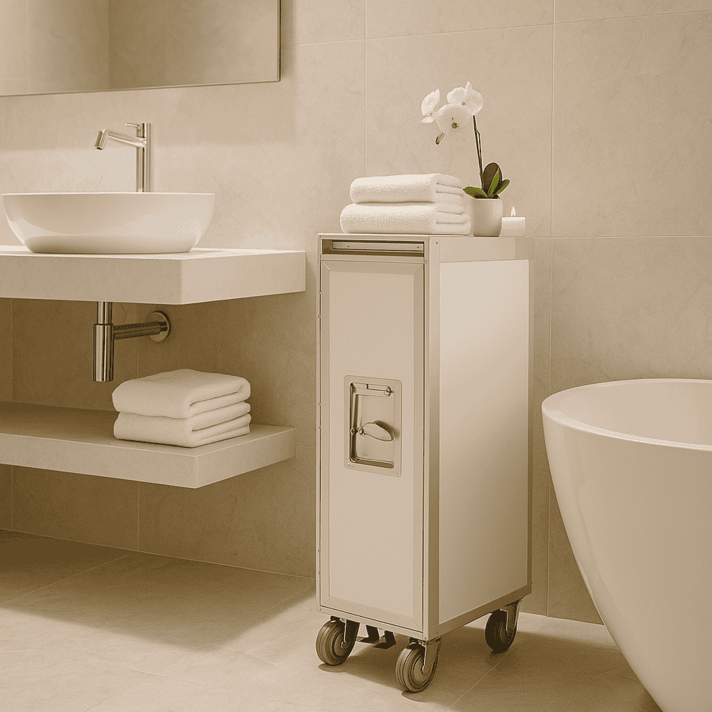 Warmer minimalistischer Badezimmerbereich mit beige Fliesen, freistehender Wanne und ovalem Waschbecken