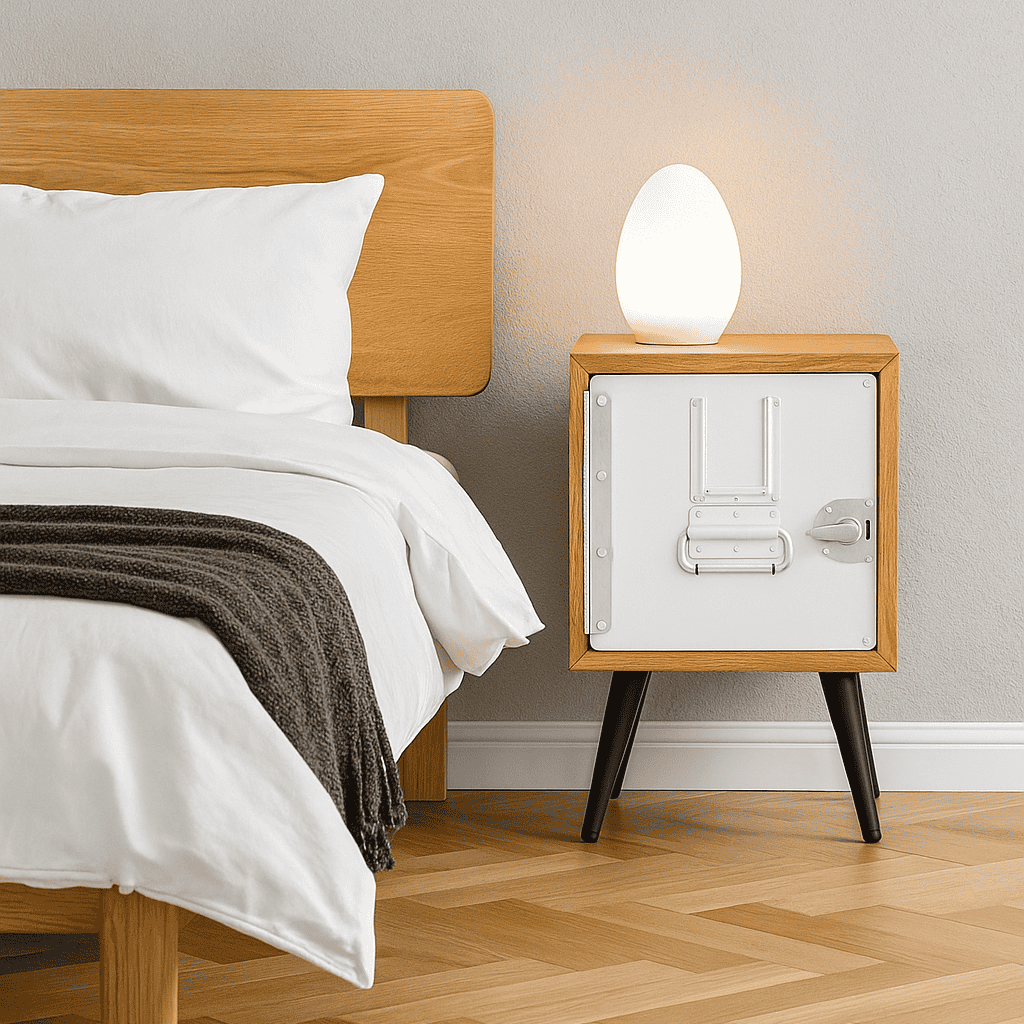 Minimalistisches Schlafzimmer mit honigfarbenem Holzrahmenbett, weißer Bettwäsche, grauer Decke und Nachttisch