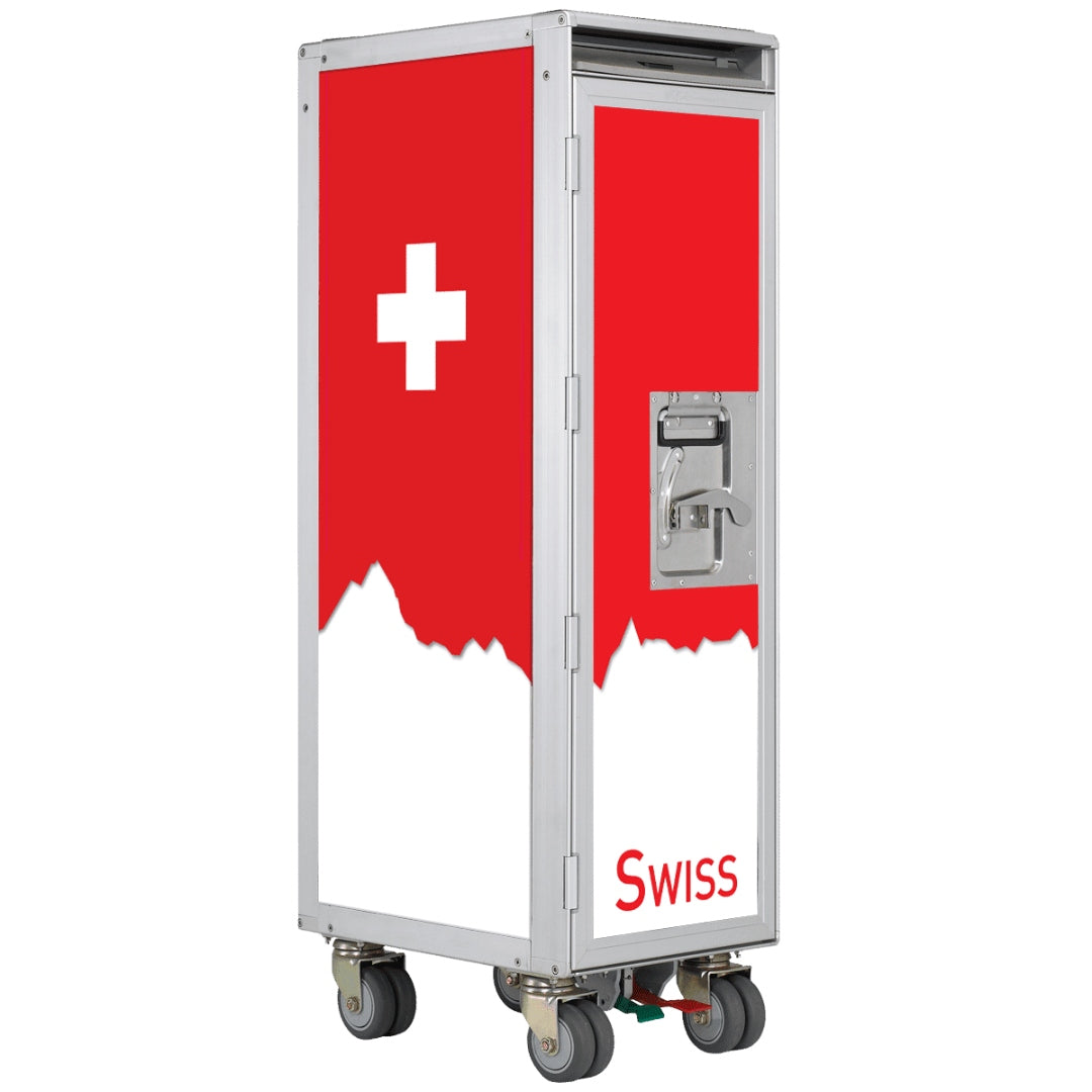 Mobiler Airline-Trolley mit Schweizer Kreuz und SWISS-Logo, Original Flugzeugteil