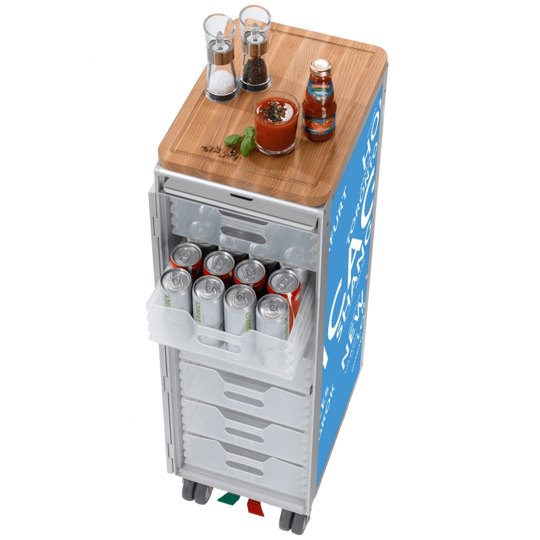 Mobiler Getränkekühlschrank aus Flugzeugmaterial mit transparenter Tür, hölzernem Ablagebrett und blauen Seitenpanelen