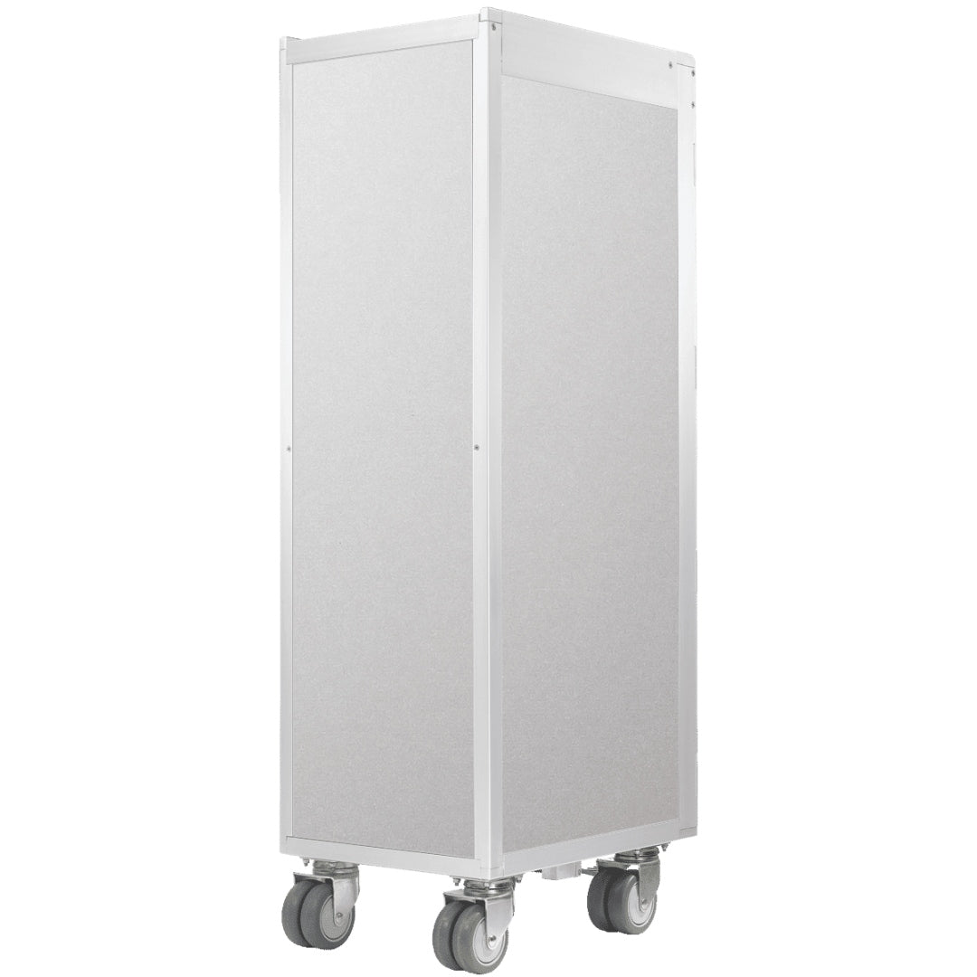 Mobiler Metall-Aufbewahrungsschrank mit grauer Oberfläche und weißem Rahmen auf Rollen