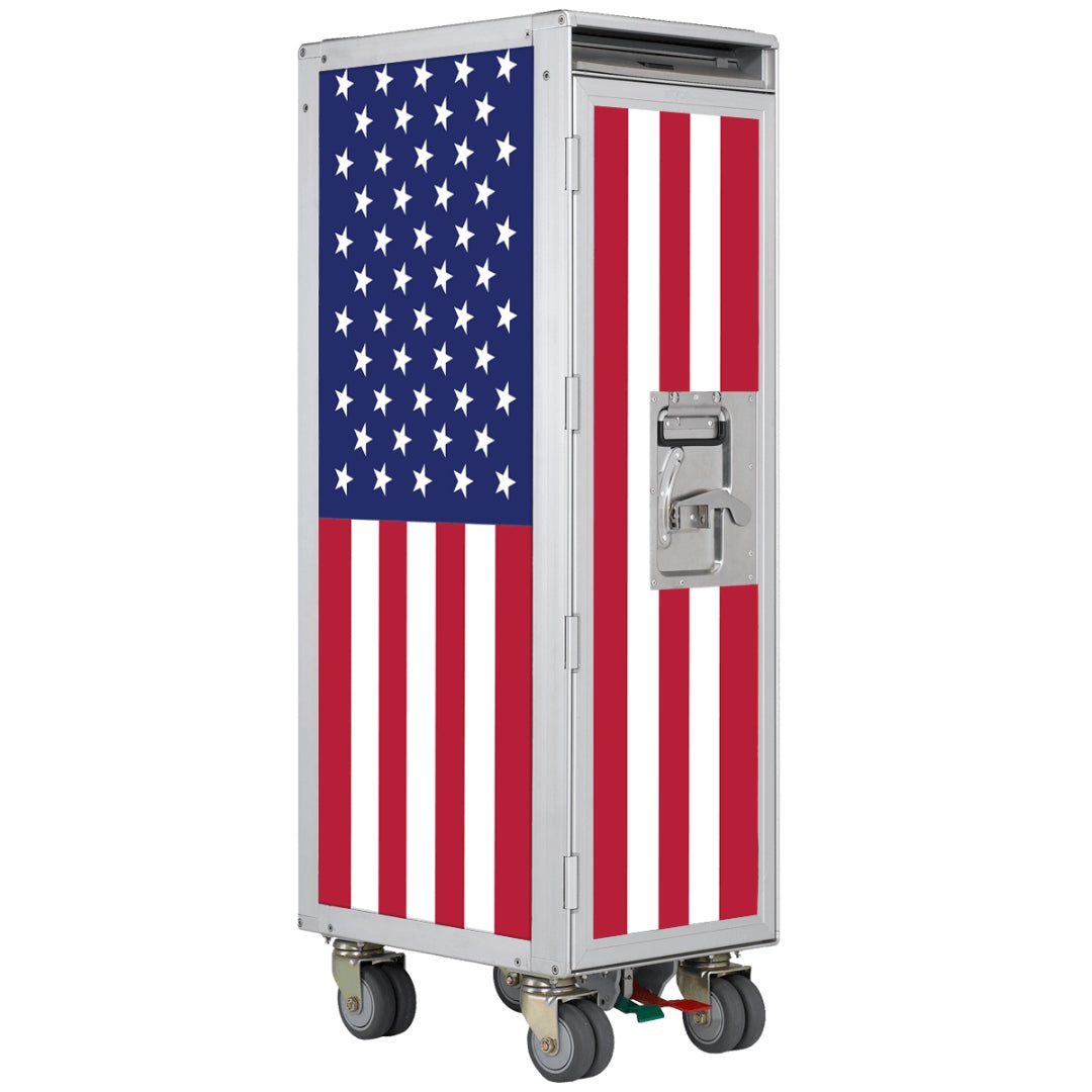 Mobiler Metallcontainer auf Rollen mit amerikanischer Flaggenoptik und robustem Verschlussgriff.