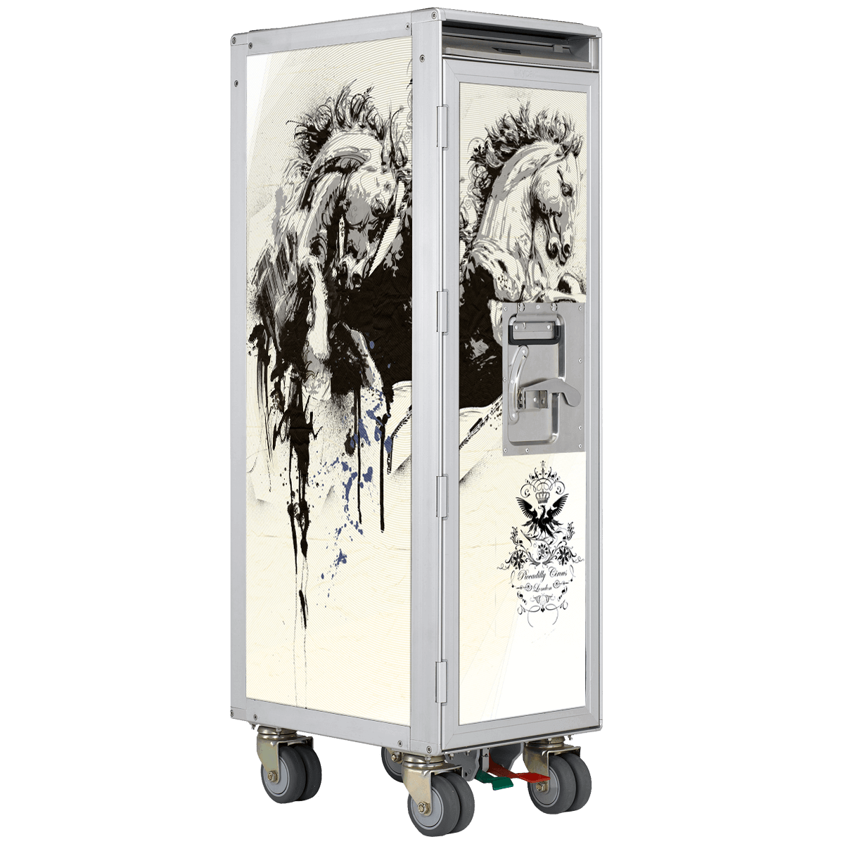 Mobiler, silberner Metallwagen mit Pferdeillustrationen und Wappen, Schriftzug Dreadlily Curves London