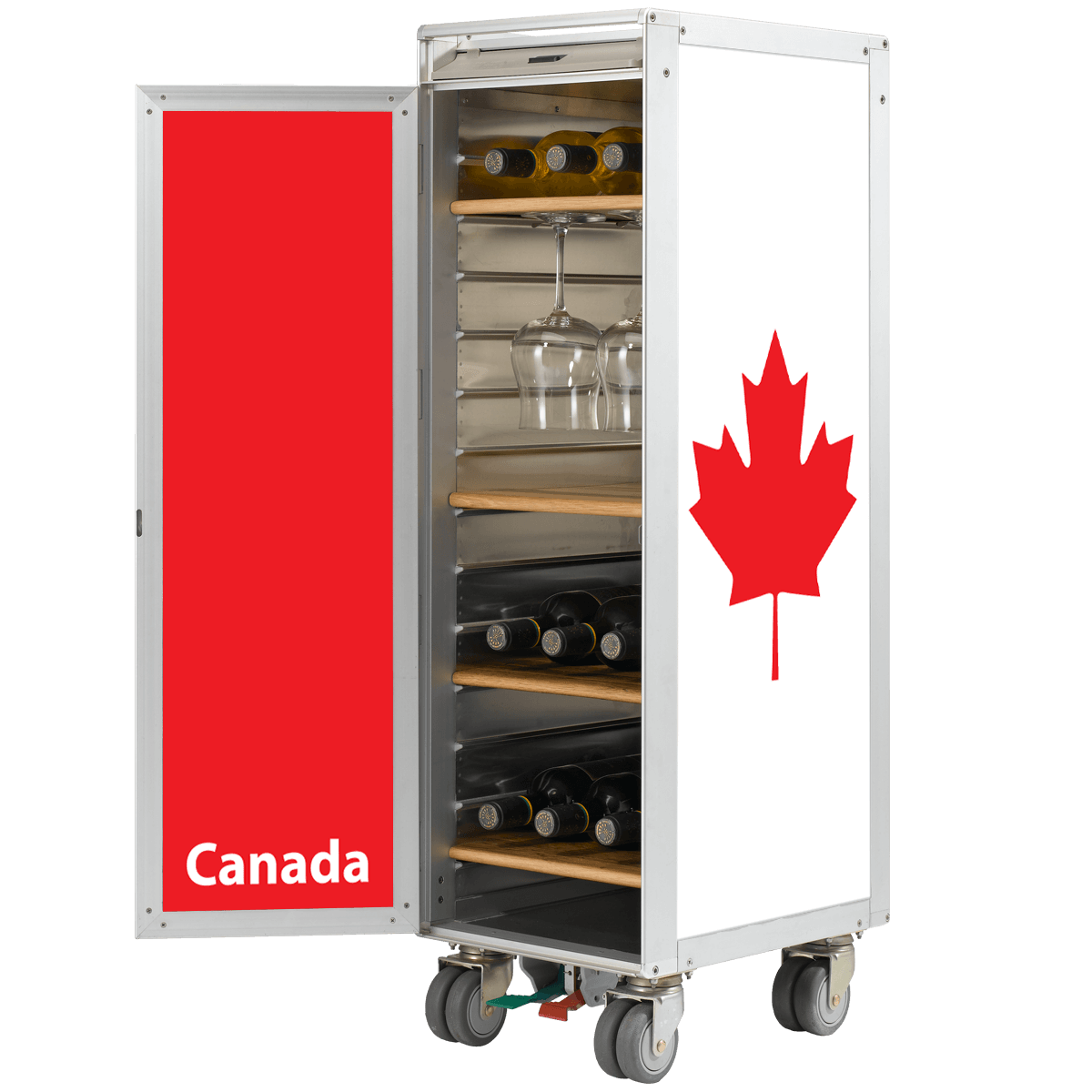 Moderner mobiler Weinkühler aus Metall mit offener Tür auf Rollen, Holzregalen für Weinflaschen und aufgehängten Weingläsern, rotes kanadisches Design mit Ahornblatt.