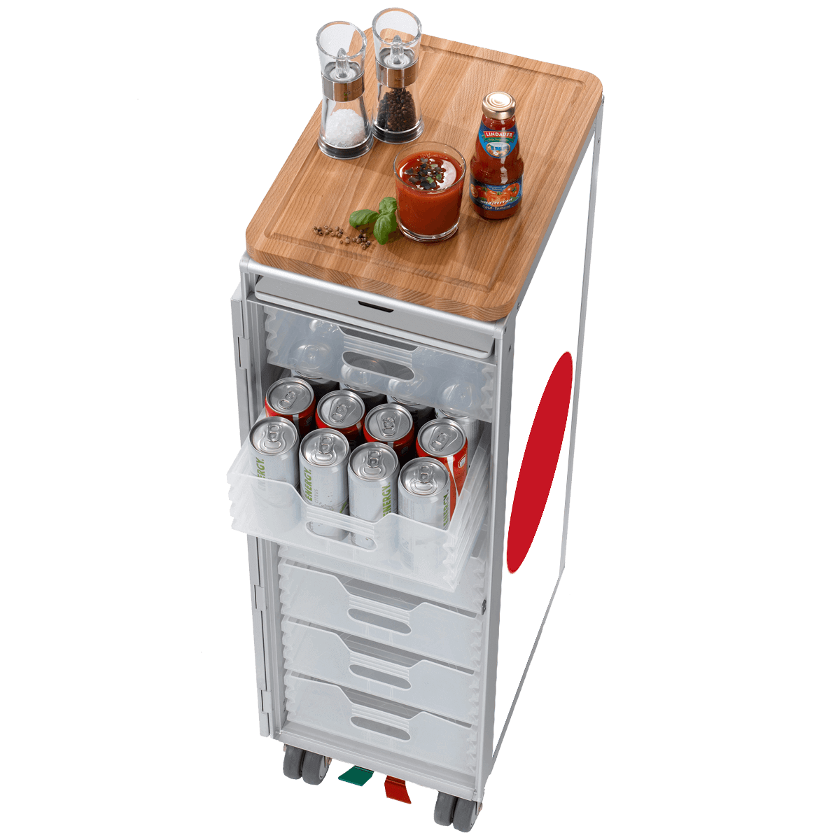 Mobiler weißer Lagerwagen mit transparenten Schubladen und Holztisch mit Gewürzmühlen und Tomatensaft