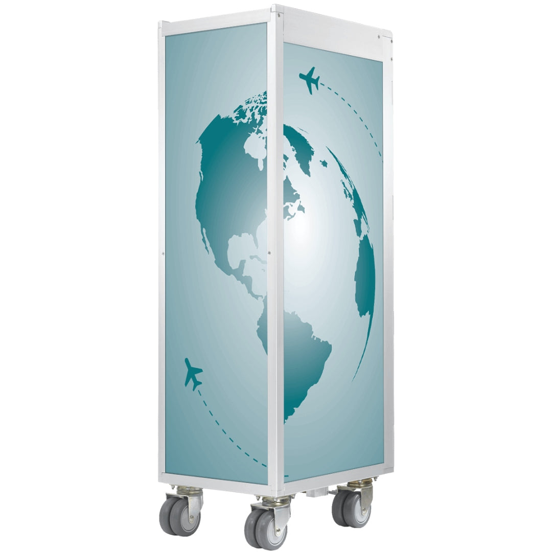 Mobiles rechteckiges Display mit Grafik eines Globus und Flugrouten