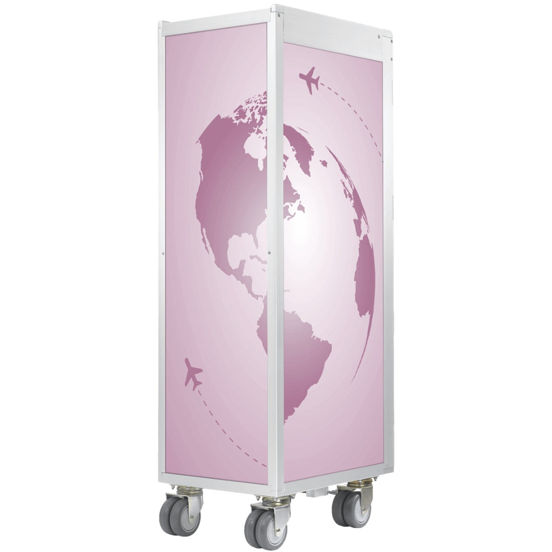 Mobiles weiß-lila Designmöbel mit stilisiertem Globus und Flugzeugsymbolen auf Rollen