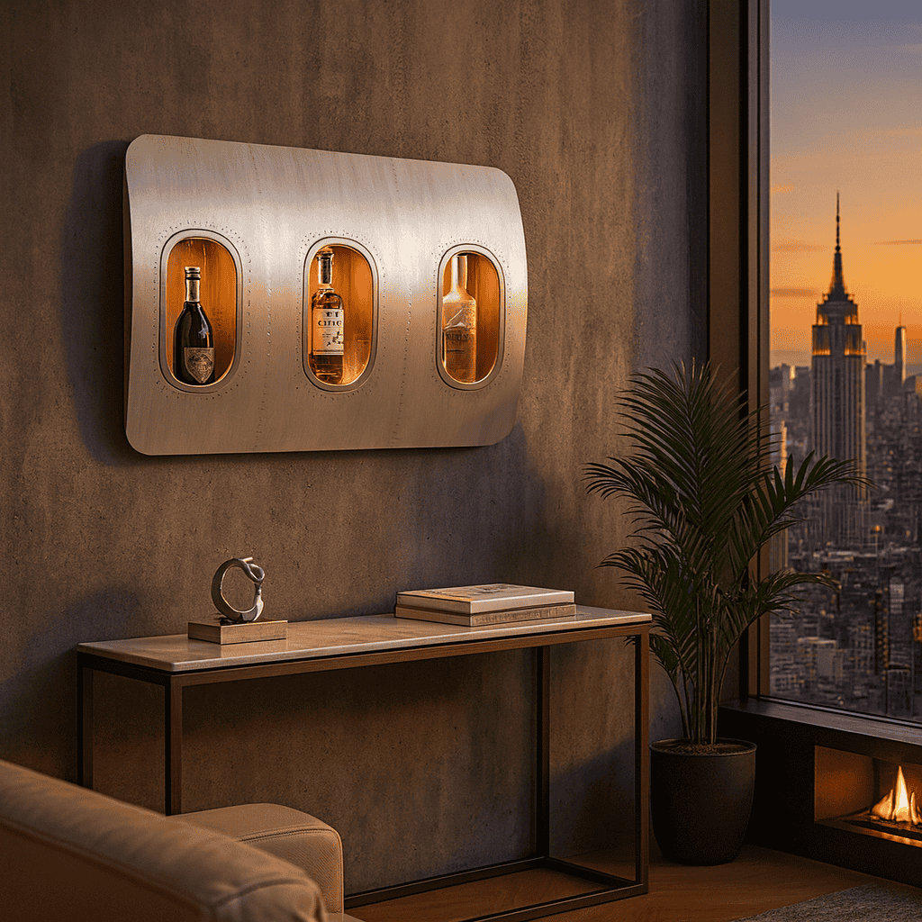 Moderne Lounge mit Flugzeugfensterdekor, beleuchteten Flaschen, grünem Pflanze und Skyline bei Sonnenuntergang.